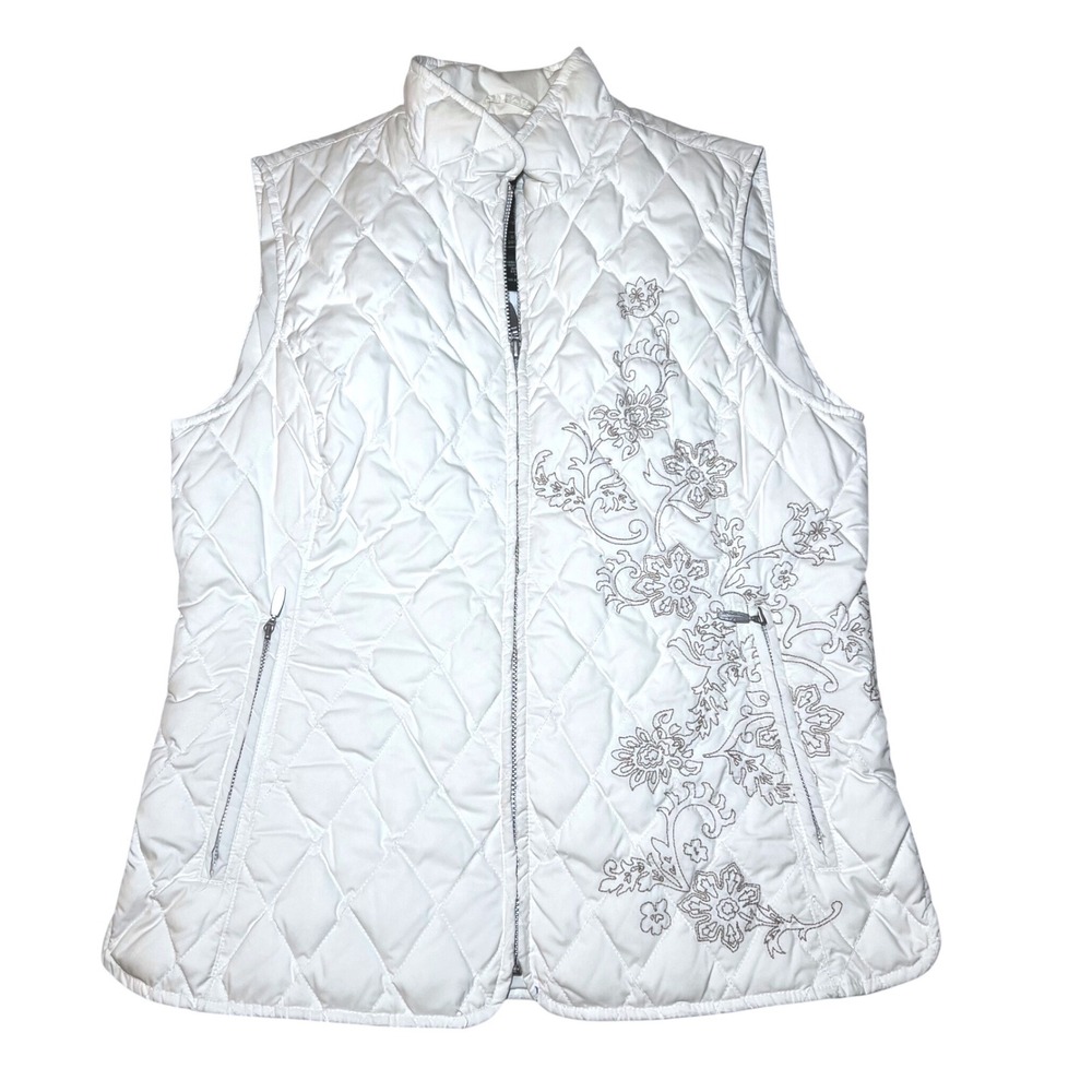 Eddie Bauer Women Premium Goose Down Quilted Vest Cream Floral Embroidered Small